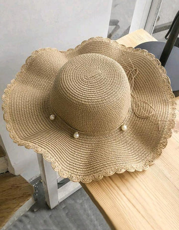 Hat Women Summer Small Fresh Wave Big Along The Straw Hat Korean Version Of All Casual Faux Pearl Sunblock Beach Visor Tide Boho