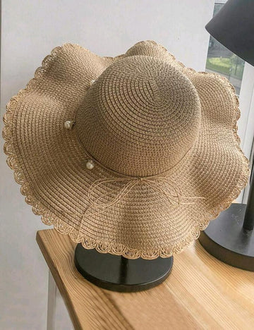 Hat Women Summer Small Fresh Wave Big Along The Straw Hat Korean Version Of All Casual Faux Pearl Sunblock Beach Visor Tide Boho