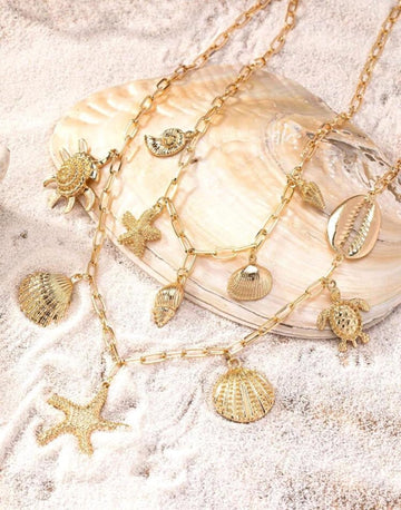 One Ocean Vacation Style Women\ Multi-Layered Necklace With Conch, Starfish, Shell, Turtle, Crab Clips And Pendant In European And American Style