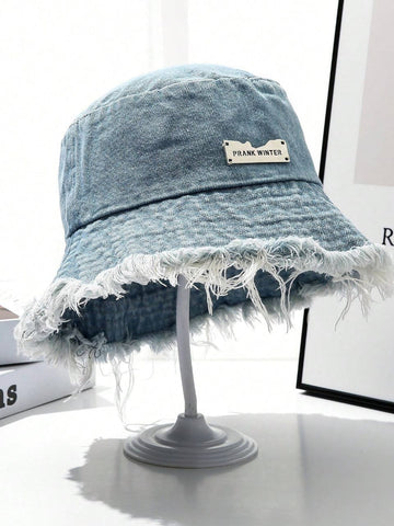 1pc Ladies' Fringed Washed Denim Bucket Hat