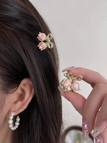 2pcs Women Flower Decor Sweet Style Small Hair Clip Cute