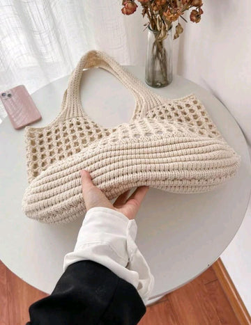 Lightweight,Casual Women's Minimalist Large Capacity Hollow Out Woven Shopping Bag