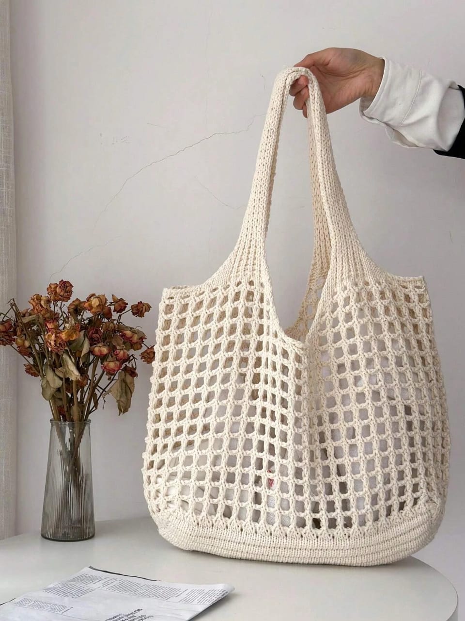 Lightweight,Casual Women's Minimalist Large Capacity Hollow Out Woven Shopping Bag