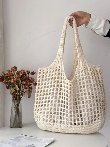 Lightweight,Casual Women's Minimalist Large Capacity Hollow Out Woven Shopping Bag
