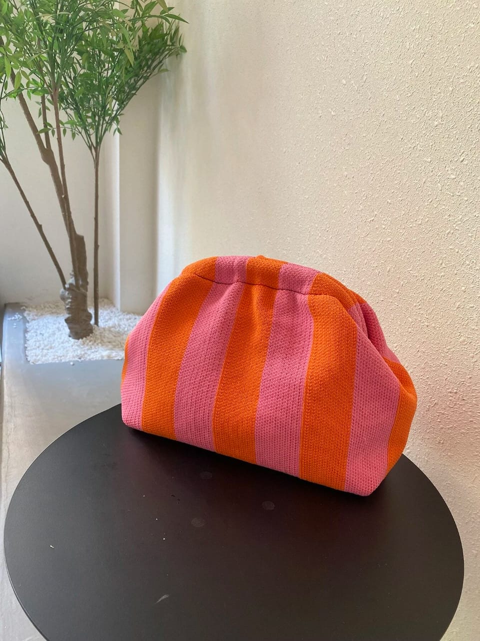 Classic Retro Old-money Style Striped Knitted Clutch Bag With Snap Closure For Vacation