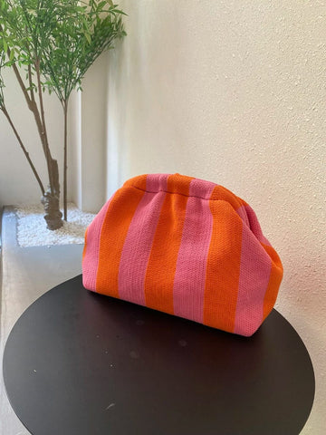 Classic Retro Old-money Style Striped Knitted Clutch Bag With Snap Closure For Vacation