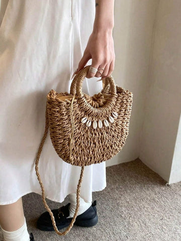 New Shell Decor Woven Bag With Bohemian Style & Vibe,Can Be Used As Handbag