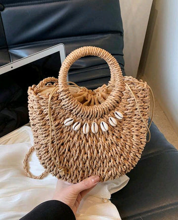 New Shell Decor Woven Bag With Bohemian Style & Vibe,Can Be Used As Handbag