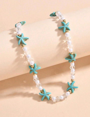 1pc Multicolor Turquoise Starfish Faux Pearl & Crystal Necklace