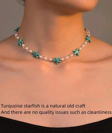 1pc Multicolor Turquoise Starfish Faux Pearl & Crystal Necklace