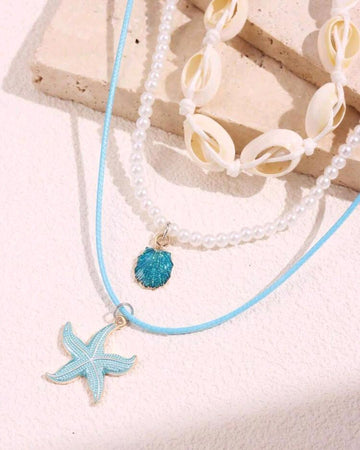 3pcs/Set Blue Starfish & Seashell Pendant Beaded Necklace