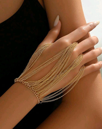 1pc Golden Fashionable Multi-Layer Chain Finger-To-Wrist Bracelet For Festivals, Parties And Weddings