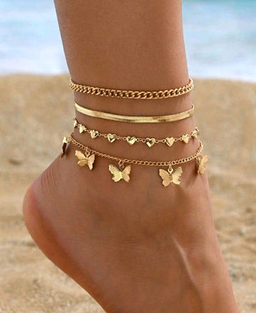 4pcs Butterfly Tassel Heart Shaped Anklet Set, Fashionable Design