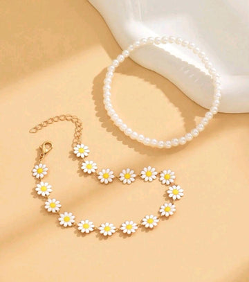 2pcs/Set Fashionable White Pearl & Yellow Daisy Flower Anklet Set