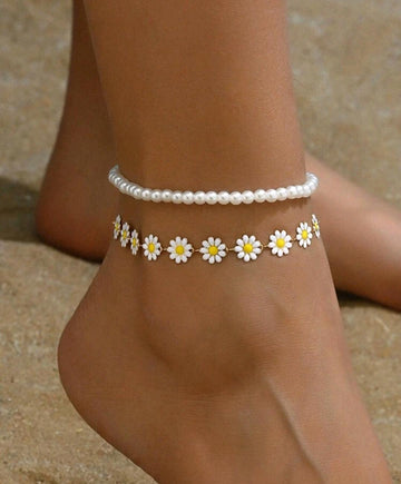 2pcs/Set Fashionable White Pearl & Yellow Daisy Flower Anklet Set