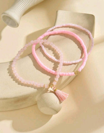 3pcs/Set Fashionable Personalized Pink Tassels Soft Ceramic Rice Beads Multiple Layers Anklets