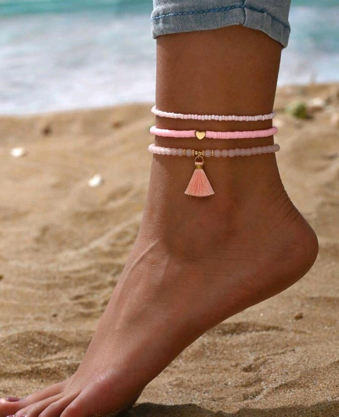 3pcs/Set Fashionable Personalized Pink Tassels Soft Ceramic Rice Beads Multiple Layers Anklets