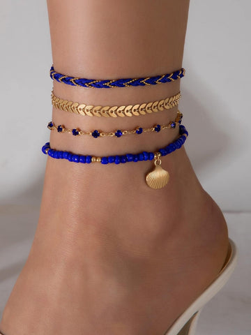 4pcs/set Boho Scallop & Bead Decor Anklet For Women For Dating Gift