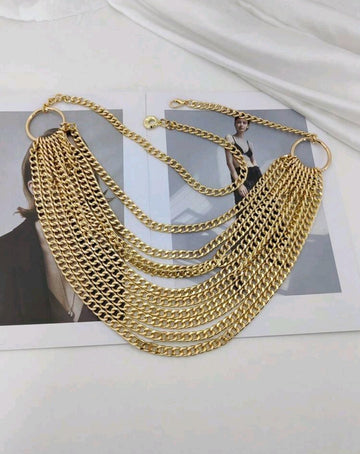 1pc Gold 10 Layer Tassel Waist Chain, Punk Style Dark Chain Belt