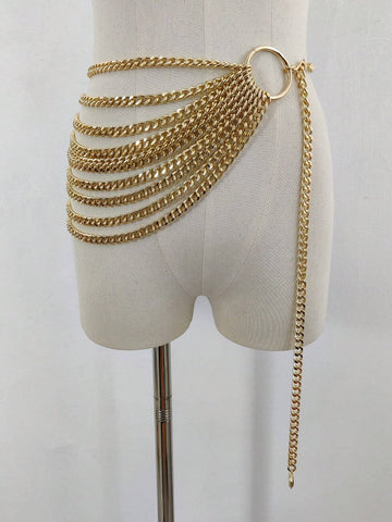 1pc Gold 10 Layer Tassel Waist Chain, Punk Style Dark Chain Belt