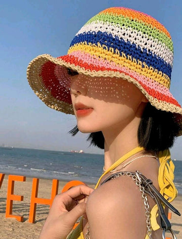 1pc Rainbow Colored Woven Bucket Hat For Women, Breathable & Sunproof Bucket Hat