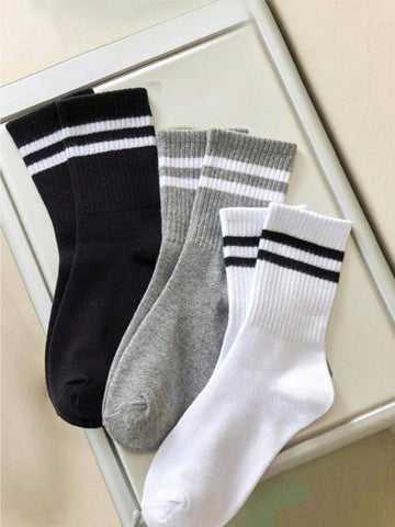 3pairs Black/White/Grey Solid Colored Double Stripe Unisex Mid-Calf Socks For Outdoor Activities