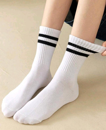 3pairs Black/White/Grey Solid Colored Double Stripe Unisex Mid-Calf Socks For Outdoor Activities