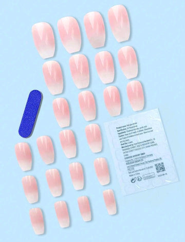 24pcs Short Coffin Shape Pink Gradual Change Jelly Pink Nail Kit Suitable For Women