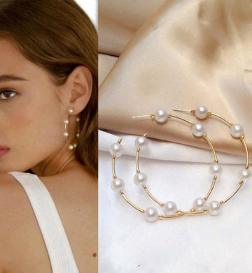 1pair New Style Large Circle Creative Vintage Faux Pearl Hoop Earrings, Oversized Circular Earrings