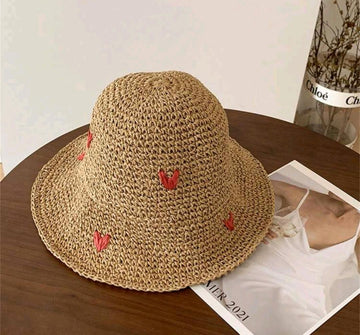 1pc Heart Weaved Bucket Hat For Women, Summer, Sun Protection, Beach Vacation