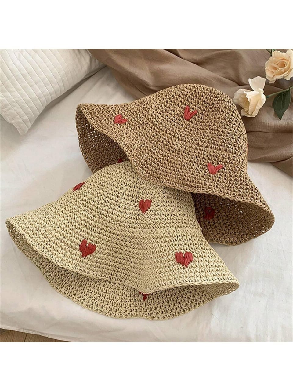 1pc Heart Weaved Bucket Hat For Women, Summer, Sun Protection, Beach Vacation