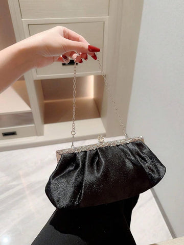 Moonlit EveBag Women's Delicate Satin Evening Bag With Rhinestone Decoration, Clutch Bag