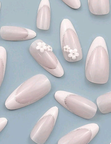 Upgrade Your Look With Press On Nails, 24 PCS Medium Almond Shape Nail With 3D White Flora