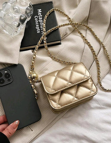 Spring And Summer Trend, Simple And Versatile, High-End Texture, Diamond Embroidered Gold Ball Chain Strap, Can Be Worn Over One Shoulder Armpit, Mini Bag