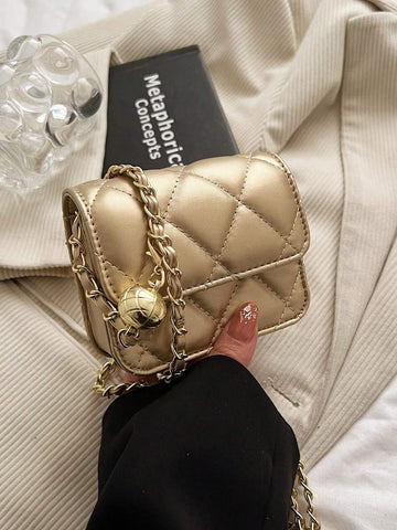 Spring And Summer Trend, Simple And Versatile, High-End Texture, Diamond Embroidered Gold Ball Chain Strap, Can Be Worn Over One Shoulder Armpit, Mini Bag