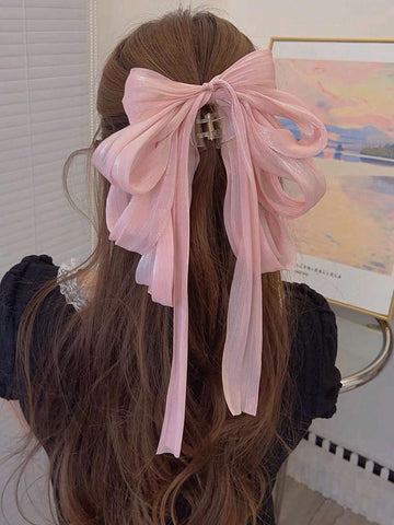 1pc Rhinestone & Ribbon Bow Sweet Hair Claw