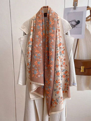 1pc Women's Autumn/Winter Floral Jacquard Faux Lambswool Warm Shawl Scarf