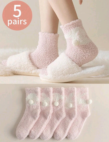 5 Pairs Women's Thick Coral Fleece Rabbit Design Antibacterial Anti-Odor Crew Socks, Winter