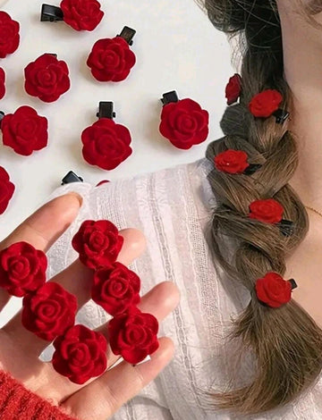 10Pcs Red Velvet Rose Hair Clips For Women Small Flower Hairpins Girls Elegant Hair Clip