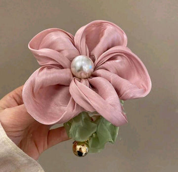 Y2K Colorful Flower Pearl Hair Scrunchie With Mesh For Ponytail Or Bun Hairstyle, 1pc