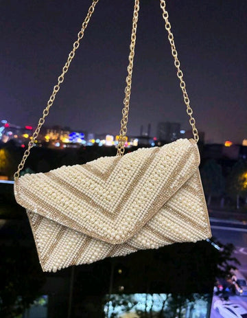 Shiny Pearl & Rhinestone Embellished Clutch Bag For Formal Occasions, With Chain And PU Leather Strap, Elegant Envelope Style Mini Evening Bag, Suitable For Parties And Events