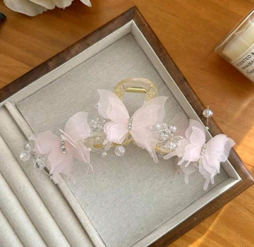1pc Pink/White Butterfly Beaded Elegant And Sweet Mesh Hair Claw