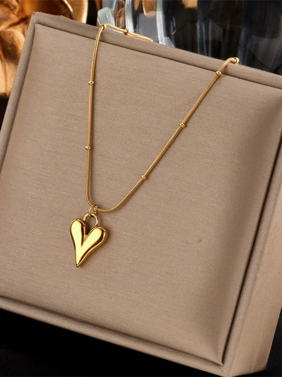 1pc Gold Plated Bamboo Style Chain & Titanium Steel Heart Pendant Detail Necklace