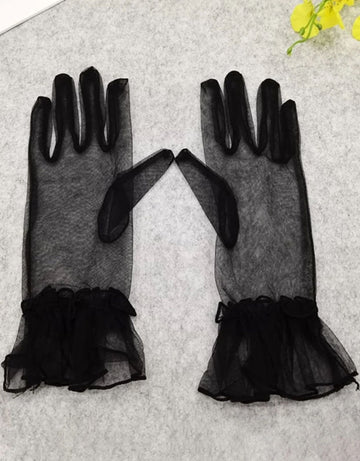 Elegant 1pair Korean Style Sheer Mesh Short Gloves With Colored Detachable Finger Cover For Bridal Wedding Dress Halloween