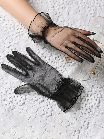 Elegant 1pair Korean Style Sheer Mesh Short Gloves With Colored Detachable Finger Cover For Bridal Wedding Dress Halloween