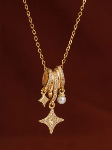 1pc Stainless Steel Aurora Star Pearl Radiant Star Pendant Necklace, 18K Goldtone