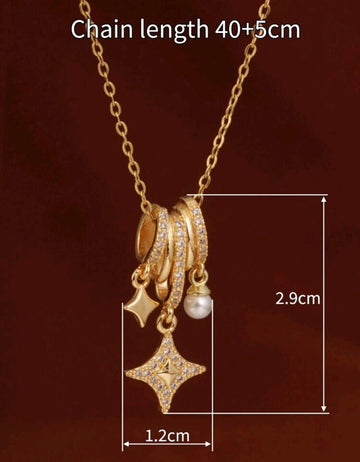 1pc Stainless Steel Aurora Star Pearl Radiant Star Pendant Necklace, 18K Goldtone