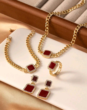 5pcs/Set Elegant Enamel Square Pendant Necklace, Bracelet, Ring And Earrings Set With Rhinestones