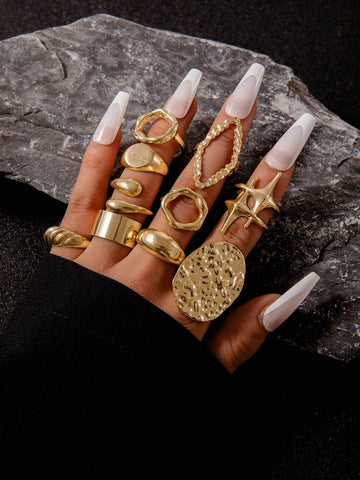 10pcs Stylish Minimalist Alloy Circular Star Unique Design Geometric Exaggerated Wrinkled Arc Surface Chunky Knuckle Rings Set For Women