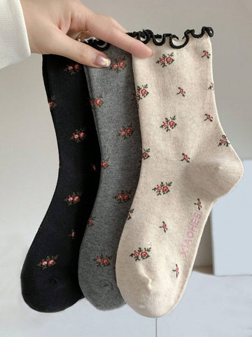 3 Pairs Women Flower Socks Retro Fashion Simple Korean Style Cute Socks